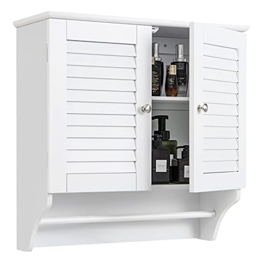Tangkula Bathroom Medicine Cabinet, Wall Mounted Double Louvered Doors Storage Cabinet with Height Adjustable Shelf and Bar, Hanging Storage Bathroom Cabinet Organizer, White