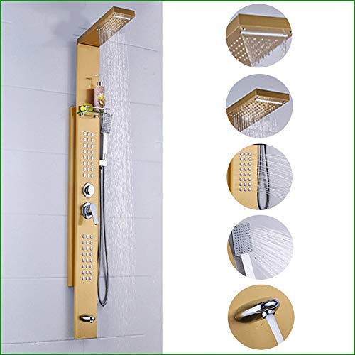 Panel de Ducha Sistema Multifunción en Acero Inoxidable con Acabado Dorado Cepillado, Cabezal de Ducha Cascada, Duchador de Mano, Chorros Corporales y Salida para Bañera miniatura 2