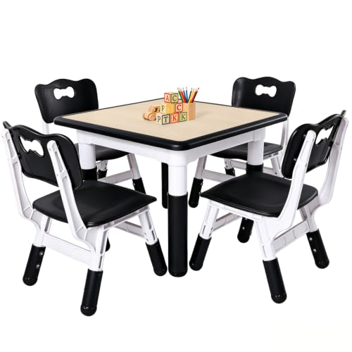 Image of FUNLIO Kids Table and 4 Chairs Set, Height Adjustable Toddler Table and Chair Set for Ages 3-8, Easy to Wipe Arts & Crafts Table, for Classrooms /Daycares /Homes, CPC & CE Approved (5-Piece Set) - Black