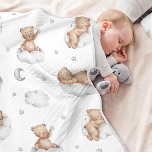 Image of vvfelixl Baby Blanket Teddy Bears Clouds Cotton Blanket for Infants, Toddler, Boys, Girls, Lightweight Swaddle Blanket for Crib, Stroller, Nursery Blankets, Good Night, 30x40 in