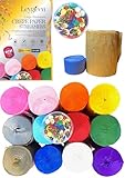 Extra Large Premium Crepe Paper Streamers – 12 Bright Colours with 100 Coloured Drawing Pins | 8cm x 25m Long Crepe Paper Rolls | Water Resistant Party Decorations for Birthday, Baby Shower & More