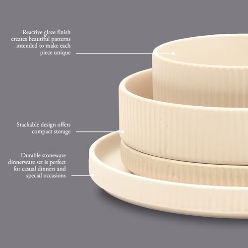 Image of Gibson Elite Deerfield 16-Piece Stoneware Dinnerware Set - Cream White Reactive Glaze Plates and Bowls, Stackable Design, Service for 4 - Dishwasher & Microwave Safe