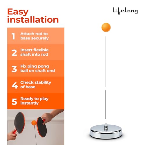 Image of Lifelong Table Tennis Trainer for Beginners| Rebound Rackets and Balls Base Training Practice Set 2 Long Poles, 5 Balls,2 Racquets & 1N Pedestal | Chrome