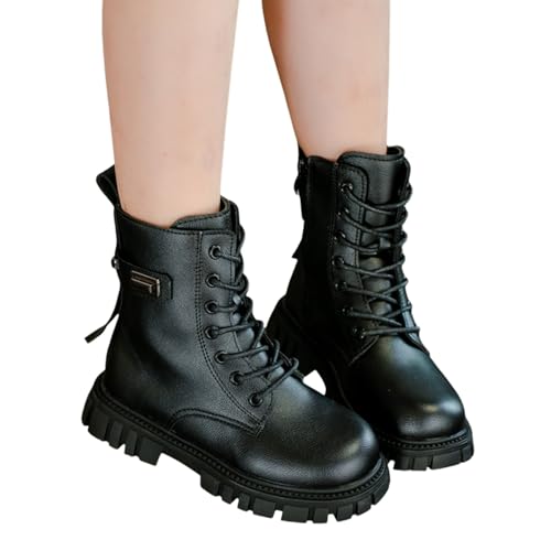 Girls Lace Up Riding Boots Ankle Combat Boots PU Leather Side Zipper Punk Goth Boot 4-11 Years2