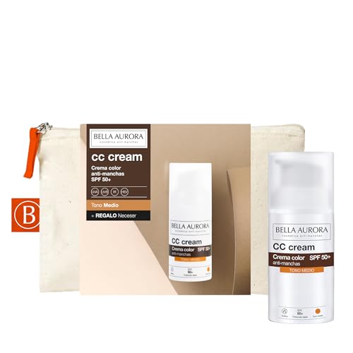 BELLA AURORA - Crema Facial con Color SPF 50+ + Neceser de REGALO | CC Cream | Protector Solar Anti-Manchas | Tono Medio, 30 ml