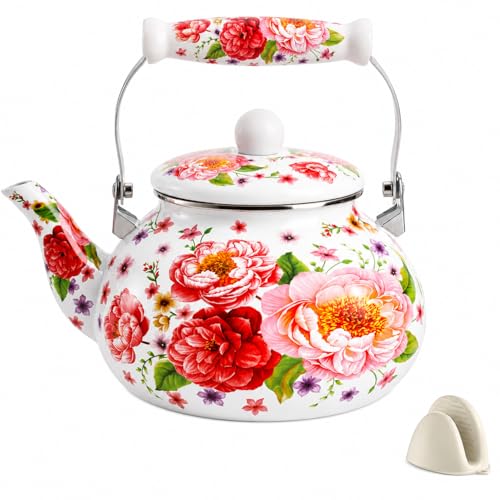 xyadyhz Floral Enamel Stovetop Tea Kettle 2.6 Qt Vintage Non-Whistling
