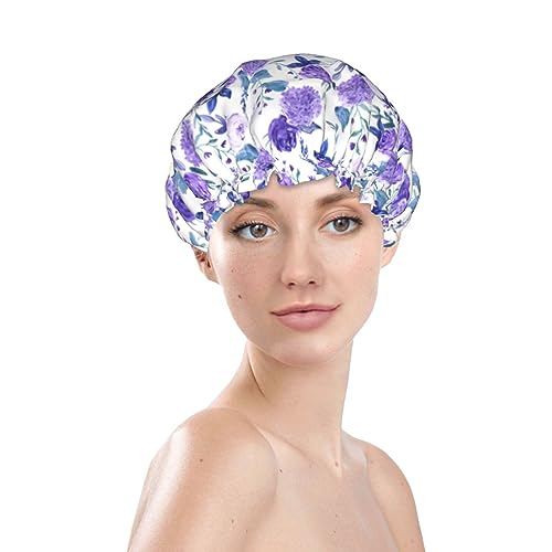 Image of Violet Purple Rose Shower Cap For Women Adjustable Double Waterproof Layers Bathing Shower Hat Hair Protection Reusable Ladies Spa Salon Shower Hat