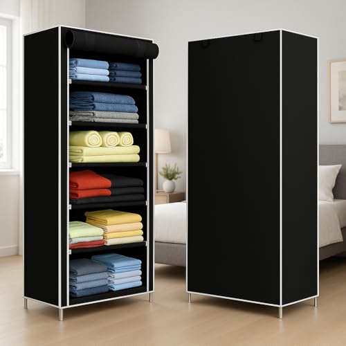 Image of Collapsible Wardrobe 6 Shelves Storage Clothes Storage Rack Quick Wardrobe /Cabinet /Multipurpose Storage Rack, Foldable, Collapsible Fabric Organizer for Home Office (Black, 6 Layer)