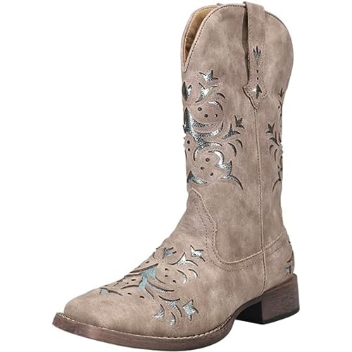 Image of ROPER Womens Kennedy Glitter Tooled Inlay Square Toe Pull On Casual Boots Mid Calf Low Heel 1-2 inch