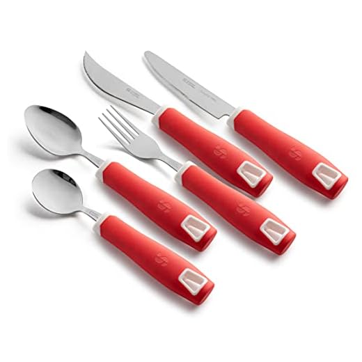 Special Supplies Adaptive Utensils 5-Piece Set Non-Weighted, Non-Slip Handles for Hand Tremors, Arthritis, Parkinson’s or Elderly Use - Stainless Steel Knife, Rocker Knife, Fork, Spoons - Red