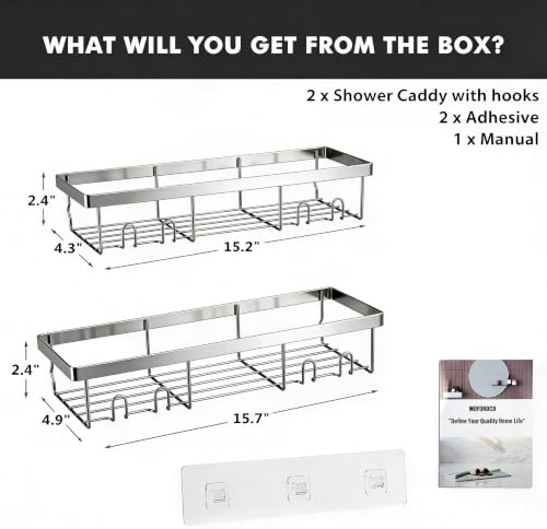 Image of Moforoco Large Silver Shower Caddy Shelf Organizer Rack, Self Adhesive Bathroom Shelves Basket, Home Farmhouse Wall Inside Organization and Storage Decor Rv Accessories