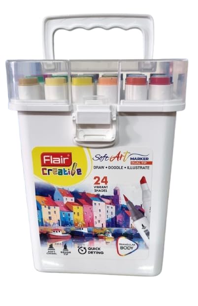 Image of FLAIR 24 Vibrant Shades Soft Art Marker Dual-Tip| Soft Chisel Point & Brush Tip Together| Triangular Body| Quick Drying| Draw Doodle Illustrate| Attractive Carry Case With Handle|,Multicolor