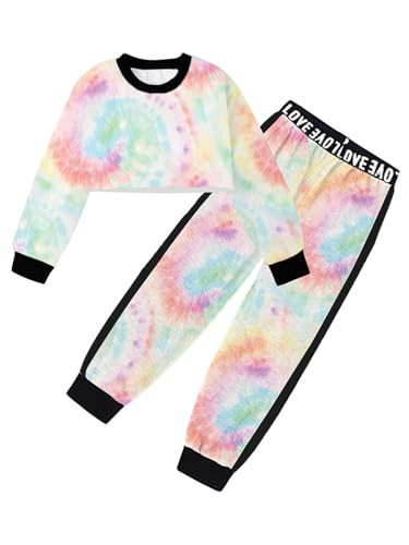 Image of Betusline Girls 2 Piece Outfits, Tie-Dye Pullover Crop Sweatshirt Tops + Sweat Jogging Pants 2 Pieces Clothes Set,Light Thread,9-10 Years = Tag 150