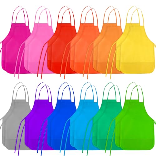 BOUBONI Kids Painting Aprons 24 Pieces 12 Colors Kid Art Apron with 2 Roomy Pockets Kids Aprons for Art Painting Activity Kitchen Crafts