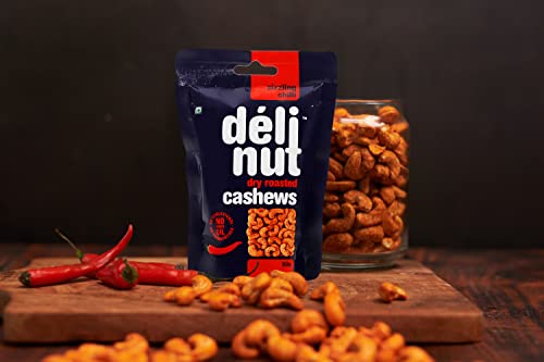 Delinut Sizzling Chilli Dry Roasted Cashews/Kaju 200g | Spicy & Crunchy WW240 Whole Cashew Nuts | Fiery Chilli Flavour | FOST Flavour Lock Technology | Nitrogen Flushed | No Added Oil, Colors or Preservatives