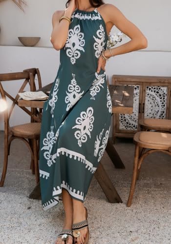 Image of Sulozom Summer Maxi Dresses for Women 2025 Casual Floral Halter Sleeveless Boho Dress Flowy Beach Vacation Outfits