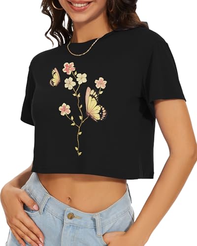 Image of Womens Summer Crop Tops Short Sleeve Round Neck T-Shirts Loose Fit Casual Blouse 2026