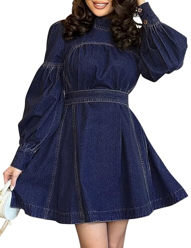 Denim Dress for Women Puff Long Sleeve, Mock Neck Babydoll Jean Mini Dress with Tie and Pocket