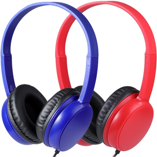 Waneni Kids Headphones Bulk 2 Pack for Classroom School 3.5mm Pulg Lightweight Sturdy Wired Headsets for Students and Adults (Red & Blue)