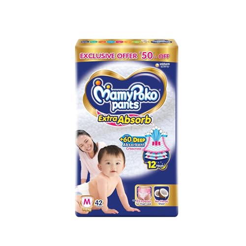 Image of MamyPoko Pants Extra Absorb Baby Diapers, Medium (M size) | 7-12 kg | 42 Count |Deep Sleep Diapers| Soft gentle fit |Deep Absorbent Crisscross | skin friendly with coconut oil |