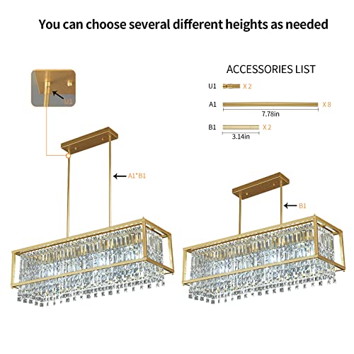 Image of LMQNINE Modern Rectangle Chandelier for Dining Room, Gold Crystal Chandelier Linear Light Fixture, Farmhouse Chandeliers for Kitchen Island, Bar Table, L35.43'' x W11.81'' x H9.84''