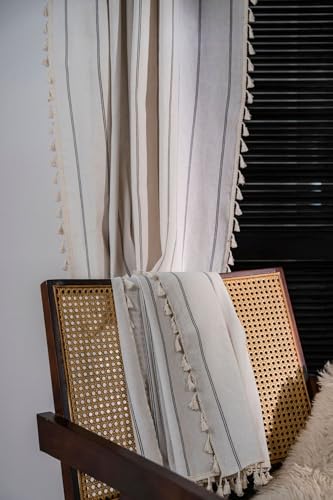 Rideau semi-occultant à rayures blanches avec pompons pour salon