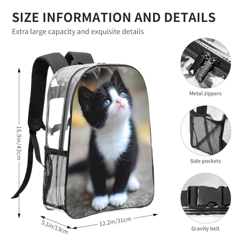 Transparent Daypack for Hiking Work Running - Big Capacity Anti-Theft Multipurpose Shoulder Bag, Black And White Cute Black Cat Travel and Sport Backpack Rucksack4