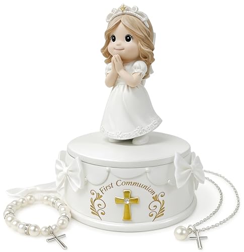 WANCHIY First Communion Gifts for Girls - 1st Holy Communion Girl Figurine with Keepsake Box & Pearl Bracelet, Religious Communion Keepsake Gift for Girls