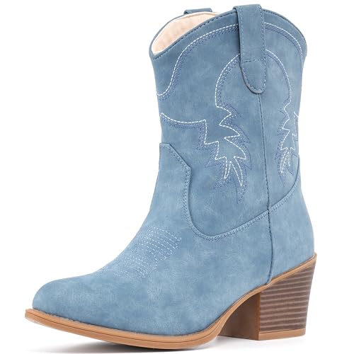 Image of IXU Cowboy Boots for Women Ankle Cowgirl Booties Wide Mid Calf Pointed Toe Western Boots Short Chunky Classic Booties