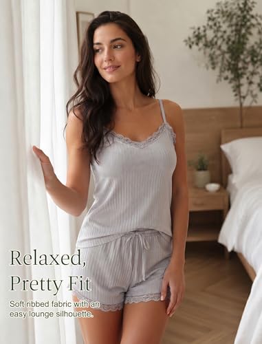Image of Girece Cami Pajama Set for Women Ribbed Lace Trim 2 Piece Pajamas with Shorts Adjustable Strap Pjs Set Soft Lounge Sleepwear