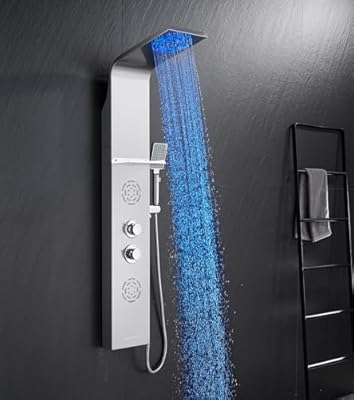 POPFLY Shower Panel Tower System with Shelf, LED Mist & Rain Shower Head, 304 Stainless Steel Shower Tower, 2 Body Jets, Tub Spout, Brushed