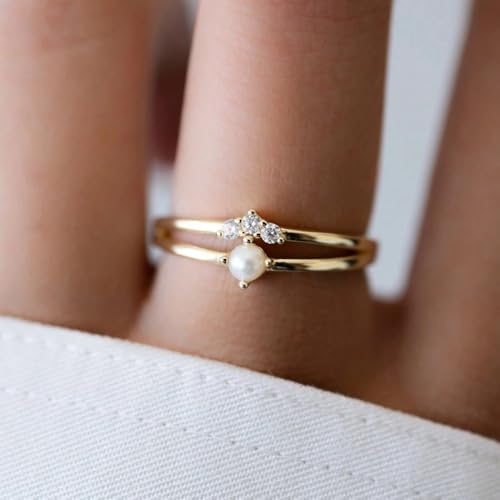 Cubic Zirconia Rings For Women, Pearl Ring Trendy Crown Shape Copper Non Tarnish Stackable Engagement Statement Birthday Open Adjustable Jewelry Gift3