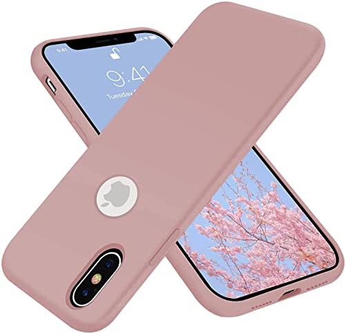 Image of VONZEE Microfiber Logo Cut Compatible for iPhone X & iPhone Xs Case Liquid Silicone Cases Non-Slip Full Body 4 Layer Protectives Shockproof Back with High Raised Camera Lips Sand Pink