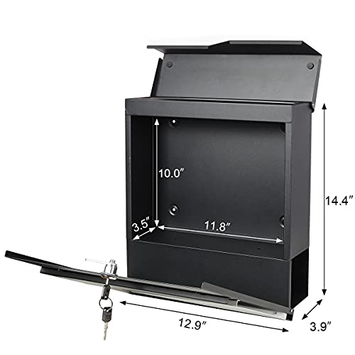 Parrency Metal Mailbox Wall Mount, Locking Mailbox with Key Lock, Hanging Secure Postbox, Security Key Drop Box,Outdoor Wall Mounted Mail Box with Large Capacity,12.9 x 4.1 x 14.2 Inch,Black by Parrency - Image 3