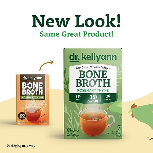 Dr. Kellyann Rosemary Thyme Bone Broth Packets (7 Servings) – 16g Protein, Grass-Fed Collagen, Keto & Paleo-Friendly, 1 Box
