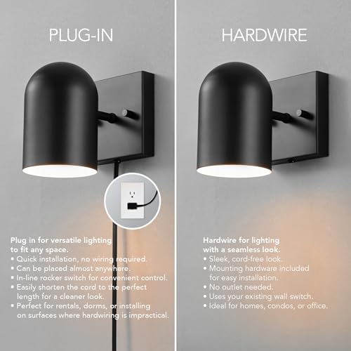Image of Globe Electric 1-Light Matte Black Plug-in or Hardwire Wall Sconce | Matte Black, 6 ft Braided Cord, Rocker Switch, Modern Wall Lamp for Living Room, Bedroom