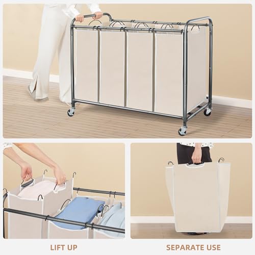 Image of STORAGE MANIAC Laundry Sorter 4 Section, 47.5 Gal (180 L) Laundry Hamper with Wheels, Clothes Divider Basket Sorter, Separator Hamper Cart with Removable Bags, Beige