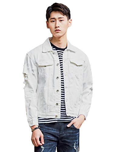 Idopy Men`s Casual Cowboy Rugged Jean Denim Biker Trucker Jacket (US L, White Ripped)