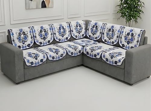 Image of Fab Nation Sofa Cover L Shape 6 Seater with Corner L Type Fully Covered Sofa Set for Living Room | Cotton Sofa Slipcovers for 3 + 3 Seaters Cover Set | Blue