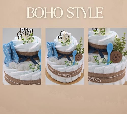 Trend Mama | Boho Windeltorte – 27 Windeln (Gr. 2), Babytee, Breilöffel, Babysocken – Jute-Look mit „Oh Baby“ Stecker –Handgemachtes Geschenk zur Geburt – Babyshower Geschenk Junge blau