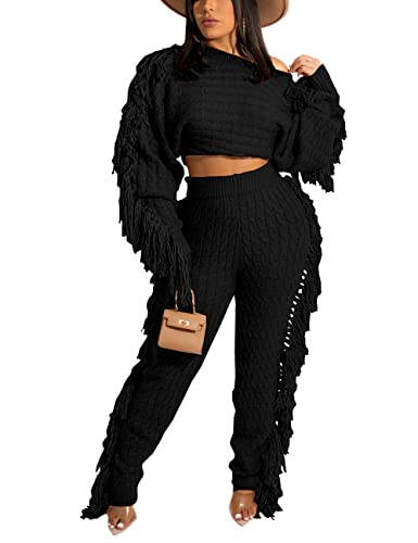 Image of KANSOON 2 Piece Sweater Set for Women Cable Knit Fringe Crop Top and Pants | Cozy feel, ribbed high waist, comfortable stretch fit for birthday and chilly going-out outfits