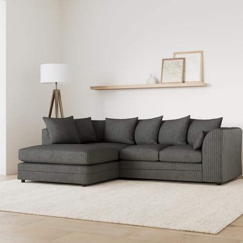New Luxor Fabric Corner Sofa Grey | Soft Jumbo Cord 3-4 Seater Corner Sofa (Grey, Left Hand Facing) - Image 2