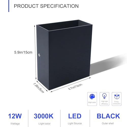 KICAAO LED Wall Sconces Set of Two, 12W Modern Wall Light, Hardwired Aluminum Wall Lamp,Black Up Down Wall Mount Lights for Living Room Hallway Bedroom Decor (Black Warm Light 3000K) - Image 5
