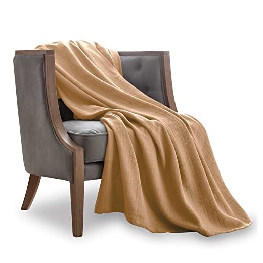 COTTON WOVEN BLANKET BY VELLUX - Natural, Cozy, Warm, Chevron Textured, Pet-Friendly, All-Seasons - Tan