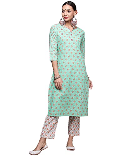 Image of anubhutee Women's Turquoise Handwork Printed Kurta Set with Trousers