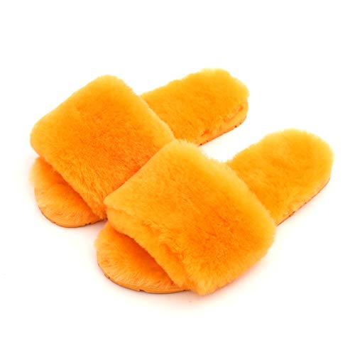 Millffy Women's Wool Fur Slippers Sheepskin Leather Slippers Shearling Fur Fluffy Fuzzy House Bedroom Shoes Slides