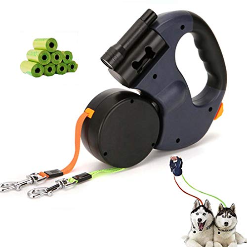 2匹1匹兼用 犬リード 二頭引きリード 自動巻き 伸縮式 360°回転 ロック式 噛み切れ防止 LEDライト付き ゴミ袋付き 長さ3m 全種類犬使用 大・中・小型犬対応 調整可能 リード 2匹自動