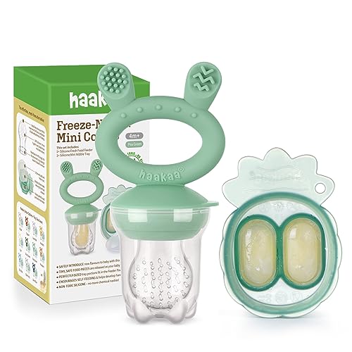 Image of Haakaa Baby Fruit Food Feeder & Mini Freezer Nibble Tray Combo, Breastmilk Popsicle Molds for Cooling Relief, BPA Free Silicone Feeder for Safe Infant Self Feeding, 4 Month+ (Pea Green)