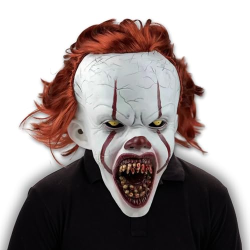 Joker Style Mens Scary Clown Mask with Hair Latex Full Head Horror Mask for Halloween Cosplay