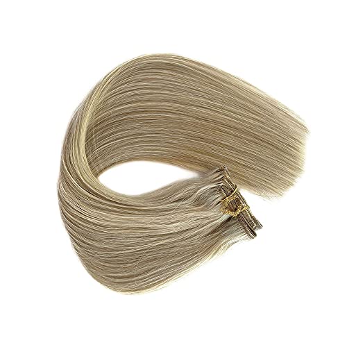 Image of Clip in Hair Extension Human Hair Balayage Blonde Mixed Bleach Blonde Real Hair Extensions Clip in Human Hair Extensions Real Human Hair 12inch for Full Head 7 Pieces 70 Gram